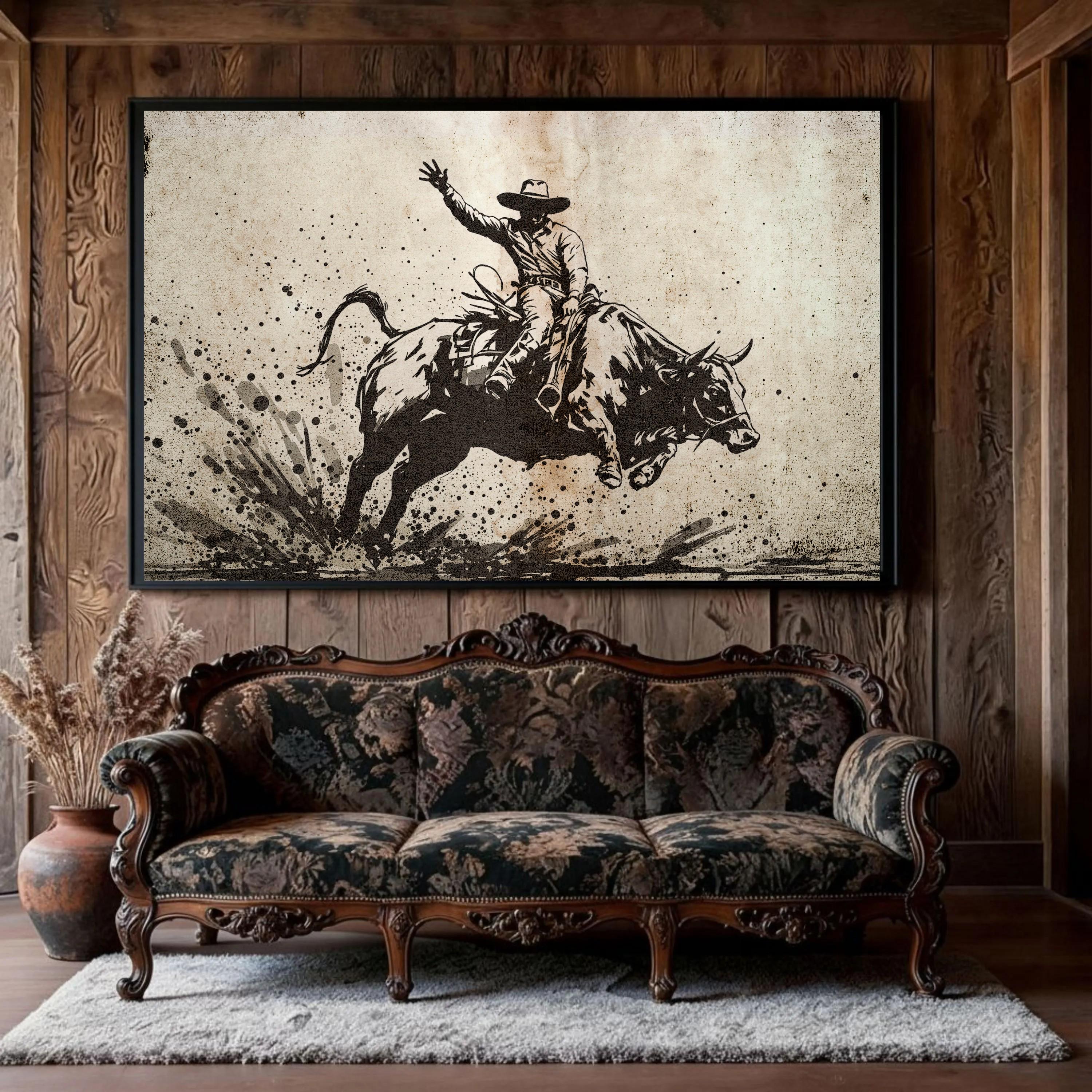 Black Ink Bull Rider Print - Vintage Rodeo Drawing Poster - Rustic
