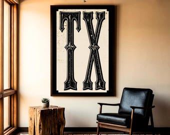 May include: A large rectangular wall art piece featuring the letters TX in a bold, black, decorative serif font with a distressed texture. The letters are centered on a cream-colored background and enclosed within a thick black frame.