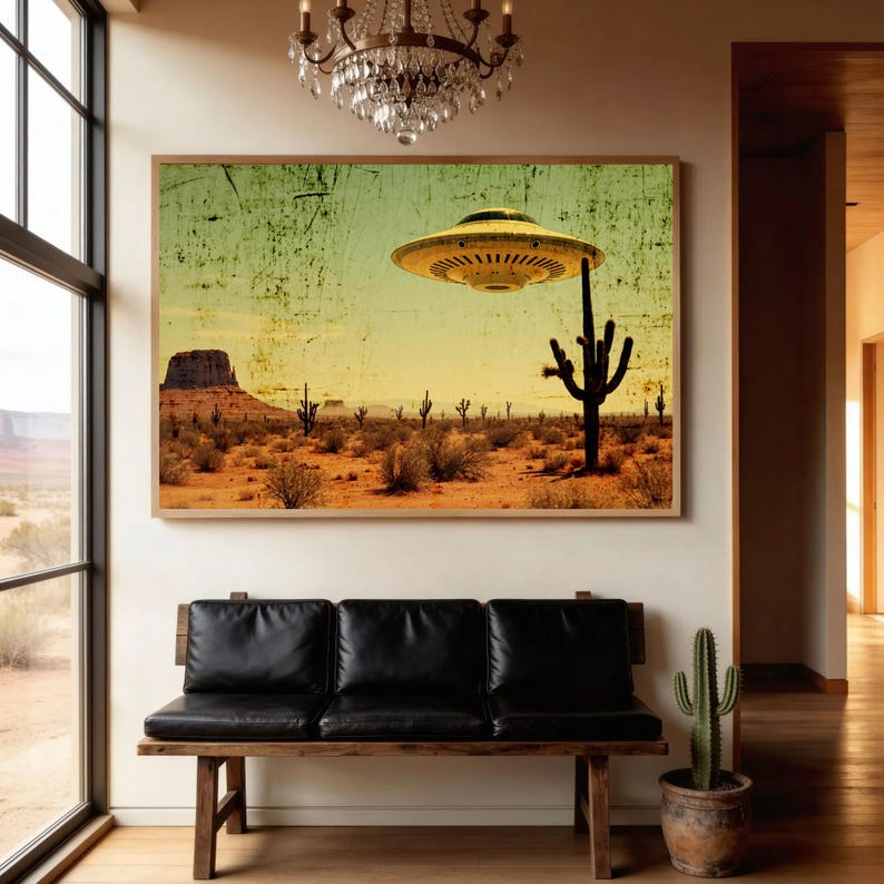 May include: A framed art print depicts a desert landscape with a yellow UFO hovering over a cactus. The artwork has a vintage, distressed look, with a color palette of yellow, green, and brown. The print hangs above a black leather bench.