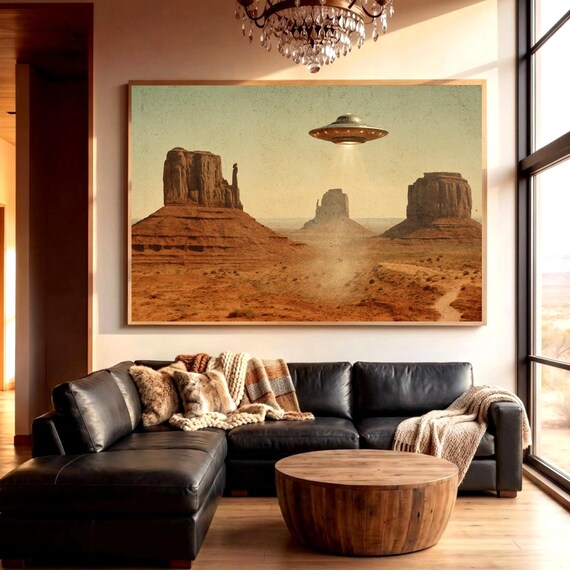 Vintage UFO Print, 1950s Arizona Desert Poster, Retro Alien Wall