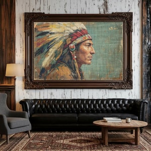 Rustic Chief Portrait Print, Distressed Indigenous Art, Vintage Tribal Decor, Southwestern Portrait Poster, Heritage Ancient Warrior Print