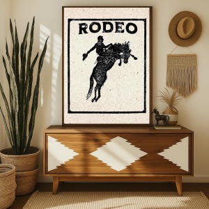 Bucking Bronco Western Decor, Cowboy Wall Art Texas Gift, Rodeo Boho Illustration Print, Country Southwestern Horse Decor, Gift for Him
