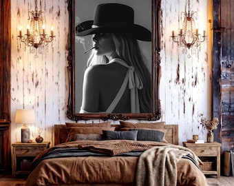 Moody Cowgirl Poster, Black and White Western Woman Portrait, Cowgirl Wall Art, Vintage Western Aesthetic, Bedroom, Bar Decor