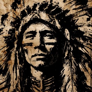 May include: A high-contrast black ink illustration on a textured beige background depicting a portrait of a person wearing a traditional feathered headdress. The artwork features bold, expressive brushstrokes and splatters, capturing facial features.
