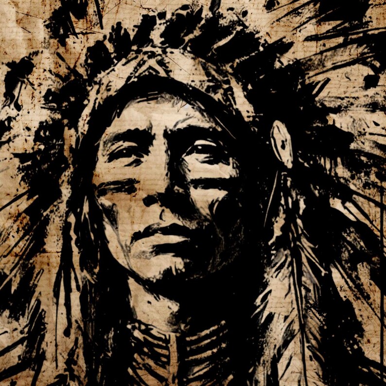 May include: A high-contrast black ink illustration on a textured beige background depicting a portrait of a person wearing a traditional feathered headdress. The artwork features bold, expressive brushstrokes and splatters, capturing facial features.