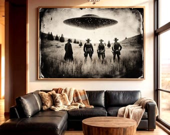 Vintage Cowboy UFO Encounter Wall Art, Wild West Sci-Fi Poster, Dark Academia Decor, Gothic Alien Print, Antique Style Home Art