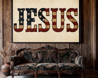 Jesus American Flag Art Print, One Nation Under God Poster, Patriotic Christian Wall Art, Faith Unframed Print, Religious Gift