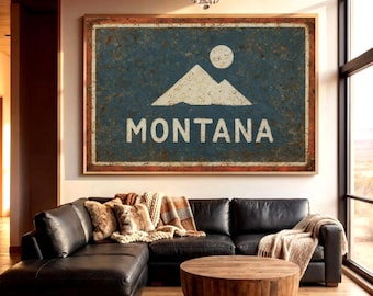 Montana Wall Art Print, Rustic Mountain Poster, Big Sky Country Cabin Decor, Vintage State Art, Man Cave Living Room Office Gift for Him