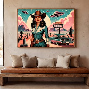 Eclectic Southwestern Decor, Pink Sci-Fi Cowgirl Desert Alien Wall Art, Vintage Retro Cowboy Art Boho Modern Home Art, Texas 1950s Print image 13