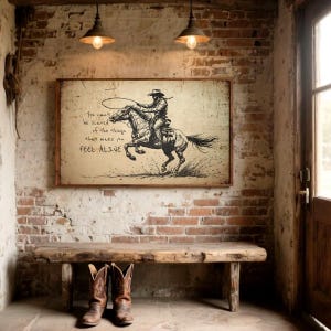 May include: A rectangular wall art print featuring a black ink sketch of a cowboy on horseback swinging a lasso. The text reads: You can't be scared of the things that make you FEEL ALIVE. The print has a weathered, aged paper background.
