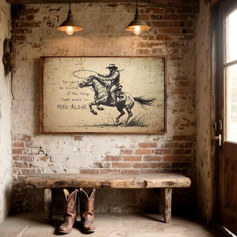 May include: A rectangular wall art print featuring a black ink sketch of a cowboy on horseback swinging a lasso. The text reads: You can't be scared of the things that make you FEEL ALIVE. The print has a weathered, aged paper background.