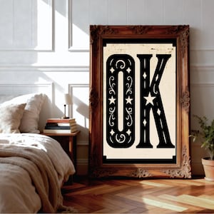 Oklahoma Zip Code Vintage Typography, OK Wall Art Print, Retro State Pride Poster, Rustic State Art, Entryway Room Decor