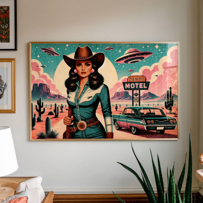 Eclectic Southwestern Decor, Pink Sci-Fi Cowgirl Desert Alien Wall Art, Vintage Retro Cowboy Art Boho Modern Home Art, Texas 1950s Print image 15