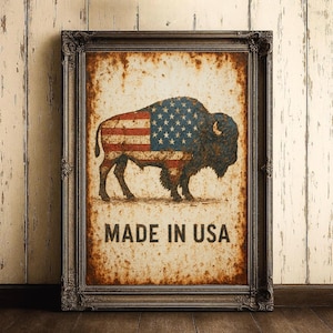 American Bison Wall Art | USA Flag Buffalo Print | Made in USA Metal Sign | Rustic Patriotic Decor | Western Farmhouse | Vintage Gift
