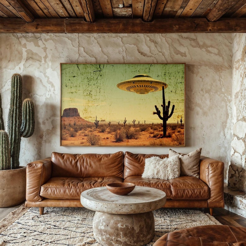 May include: A living room scene featuring a brown leather sofa, a round concrete coffee table, and a framed art print. The art depicts a desert landscape with a hovering UFO. A large cactus is in the corner.
