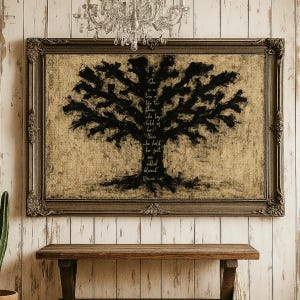 Könnte beinhalten: Ein gerahmtes Kunstwerk mit einer schwarzen Baumsilhouette vor einem beigen Hintergrund. Der Baum hat ein strukturiertes Aussehen. Text ist innerhalb der Baumsilhouette sichtbar. Der Rahmen ist verziert mit einem dunklen, antiken Finish. Das Kunstwerk hängt über einer Holzbank.