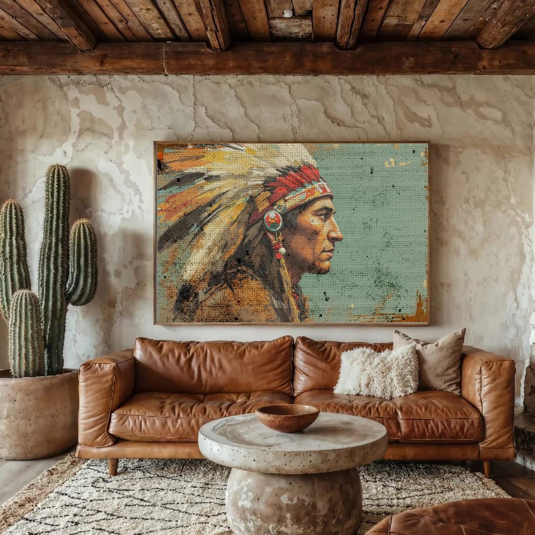Rustic Style Mid Century Art, Antique Cowboy Farmhouse Gift Native