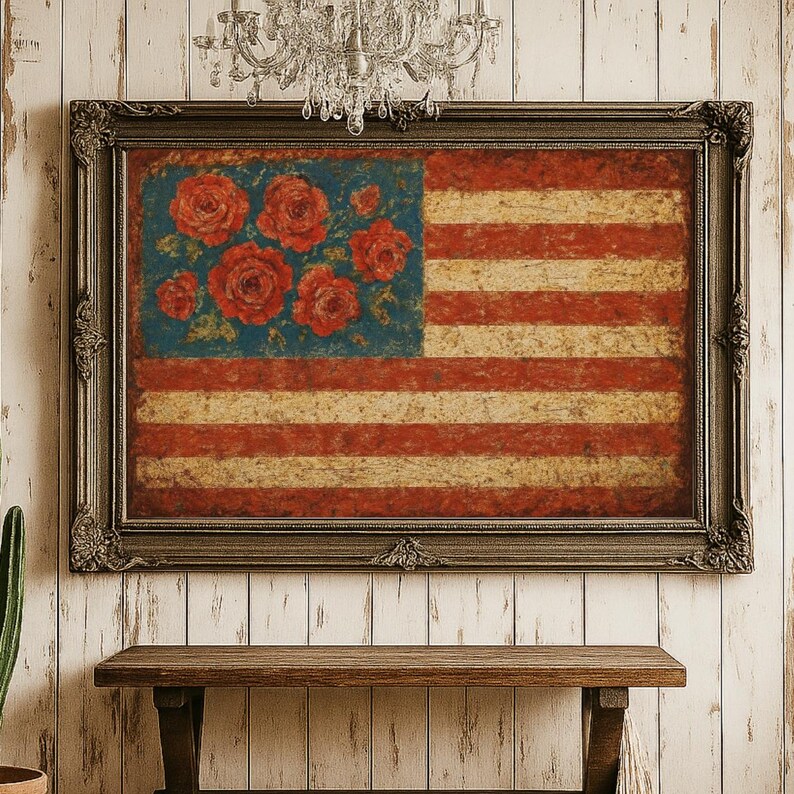 American Flag Roses Print Vintage - Patriotic Wall Art - Rustic USA ...