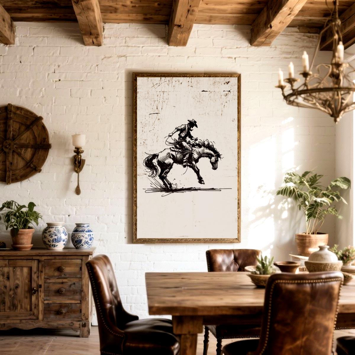 Bucking Bronco Farmhouse Wall Art - Western Cowboy Print - Rodeo Horse ...