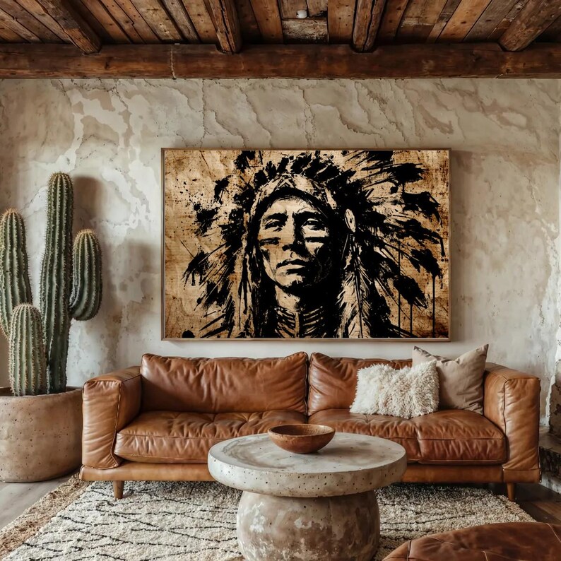 May include: A rectangular wall art print featuring a high-contrast black ink illustration of a person wearing a traditional feathered headdress. The artwork is rendered in a distressed, splattered style on a textured, light tan background.