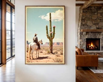 1950s Cowboy Print | Vintage Postcard Western Wall Art | Retro Desert Cactus Poster | Mid Century Farmhouse Decor | Arizona Ranch Gift