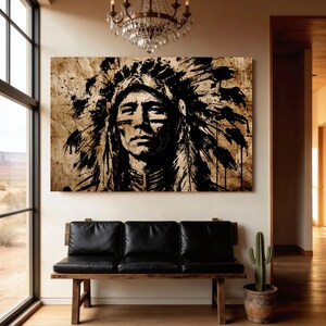 Native American Man Portrait Canvas, Ink Drawing Aged Paper Wall Art, Stoic Indigenous Chief Print, Tribal Stretched Canvas Ready Hang