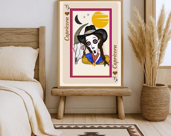 Capricorn Zodiac Wall Art Western Style Illustration Astrology Print Boho Cowboy Decor Celestial Gift for Her Birthday Horoscope Sign Poster