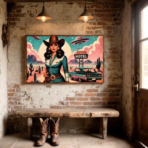 Eclectic Southwestern Decor, Pink Sci-Fi Cowgirl Desert Alien Wall Art, Vintage Retro Cowboy Art Boho Modern Home Art, Texas 1950s Print image 9