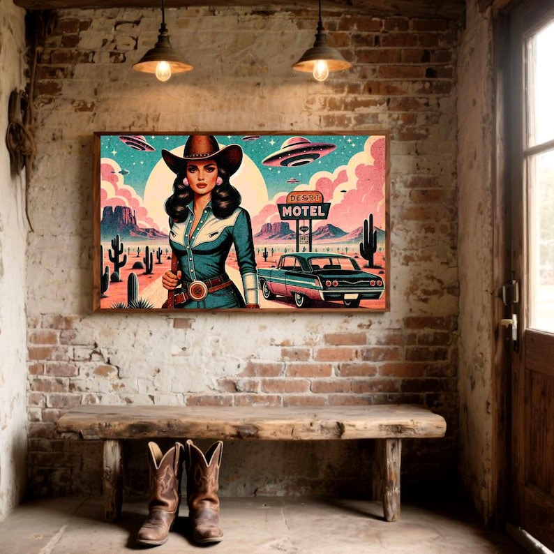 Eclectic Southwestern Decor, Pink Sci-Fi Cowgirl Desert Alien Wall Art, Vintage Retro Cowboy Art Boho Modern Home Art, Texas 1950s Print image 9