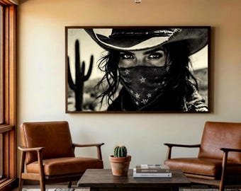 Black and White Outlaw Portrait Poster, Mid Century Cowgirl Wall Art, Southwestern Ranch Country Home Decor, Wild West Art, Rustic Print