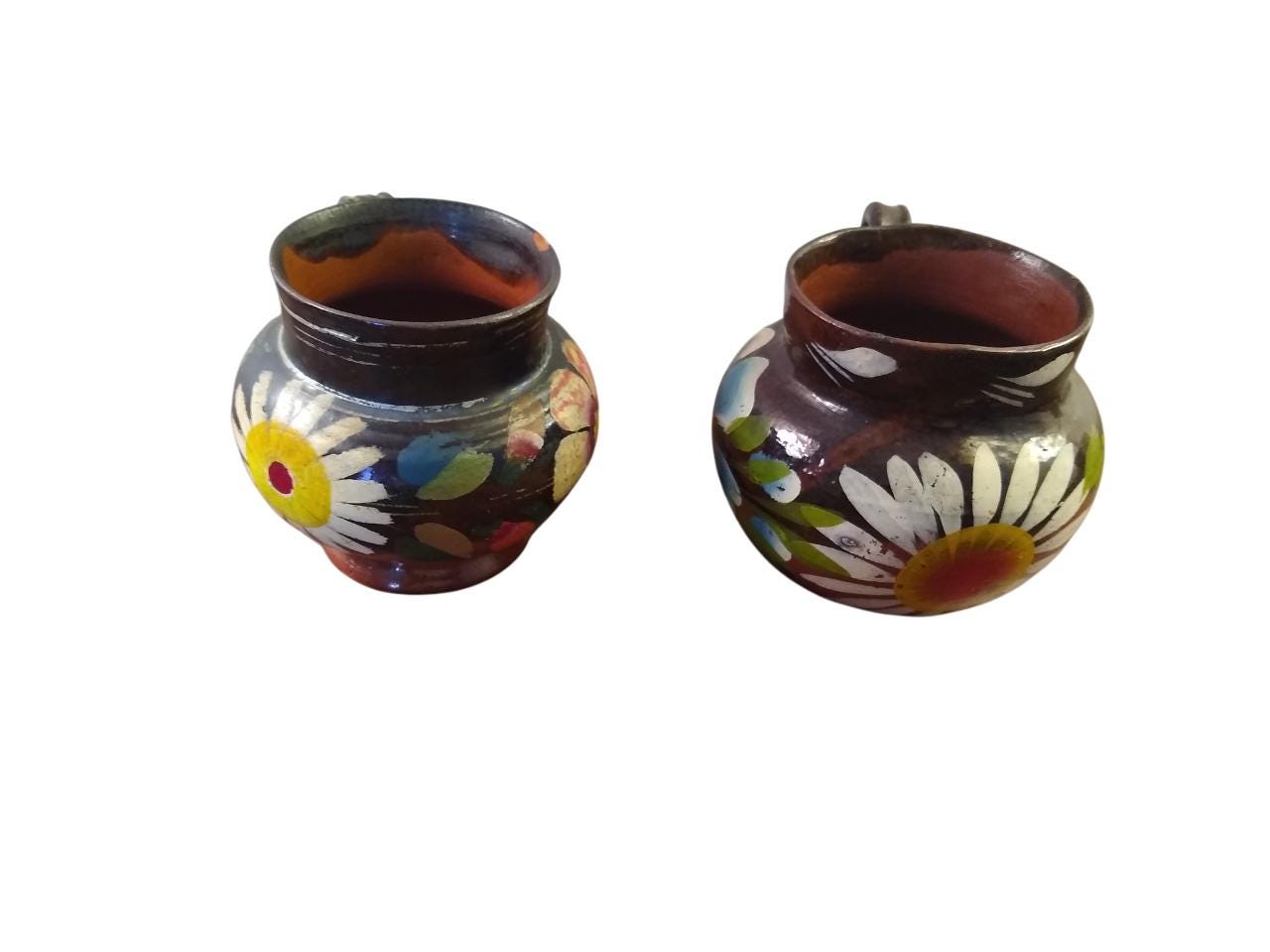 Vintage Mexican Redware Hand Painted Pottery Cups - Etsy