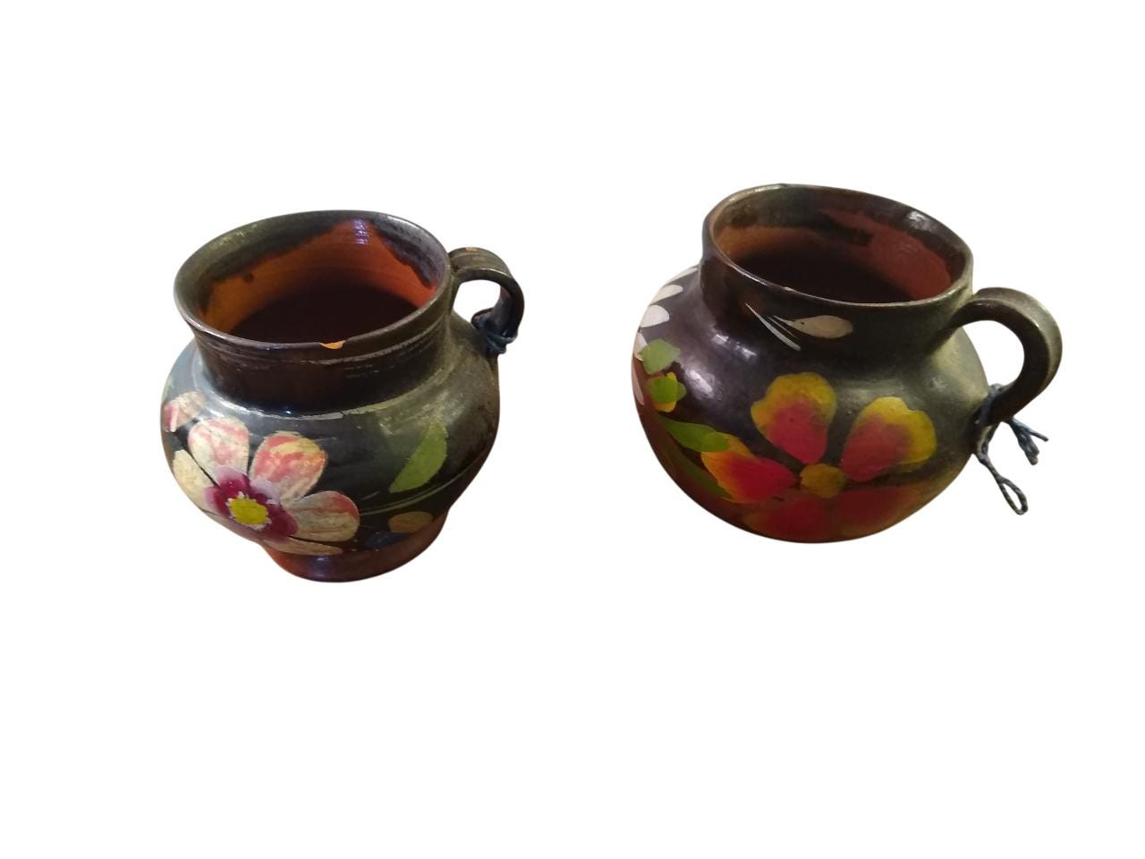Vintage Mexican Redware Hand Painted Pottery Cups - Etsy
