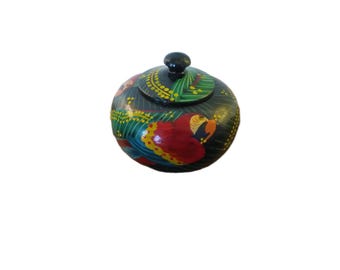 Vintage Hand-Painted Parrots Wooden Lidded Pot