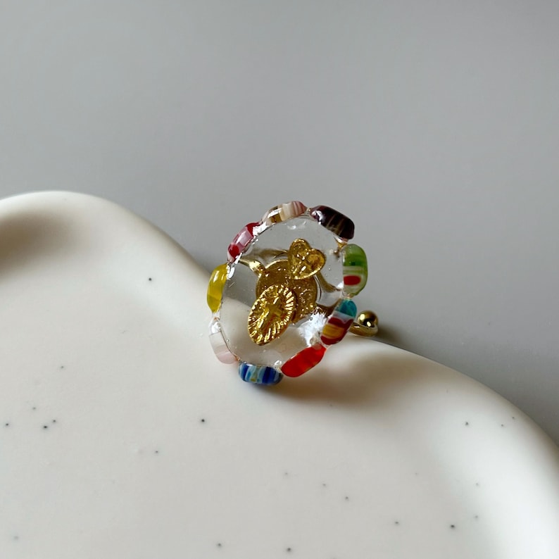 Handmade Millefiori Glass, Oval Resin Chunky Ring, Unique Colorful Murano Glass Jewelry, Adjustable image 2