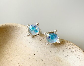 Millefiori Glass Flower Studs, Iridescent Aurora Jewelry, Two-Way Pearl Back earrings