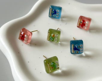 Japanese Square Glass & Colorful Millefiori Glass Stud Earrings, Sterling silver, Metal Free Post