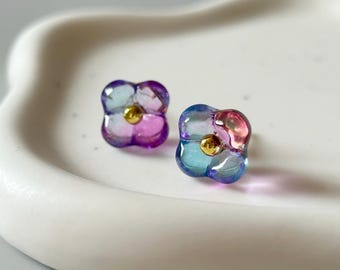 Clear Glass Flower Studs, Tiny Transparent Floral Earrings, Hypoallergenic