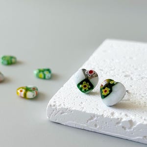 Millefiori Heart Stud Earrings in 11 Colors, Tiny Murano Style Glass, Hypoallergenic