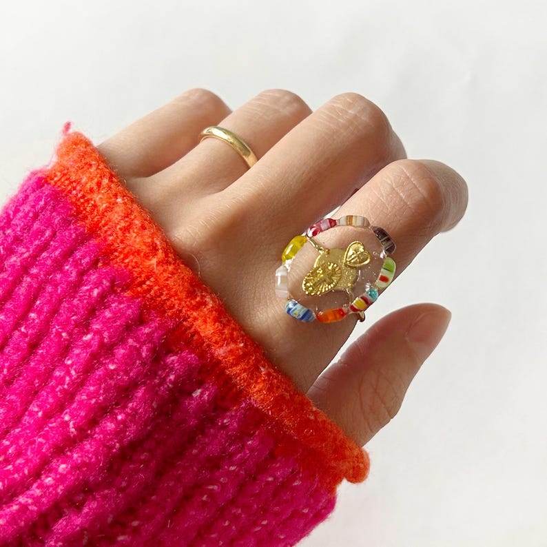 Handmade Millefiori Glass, Oval Resin Chunky Ring, Unique Colorful Murano Glass Jewelry, Adjustable image 6