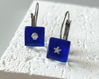 Sea Glass Style, Tiny Shell & Starfish Dangle Earrings, Ocean Blue Square Drop Earrings, Hypoallergenic