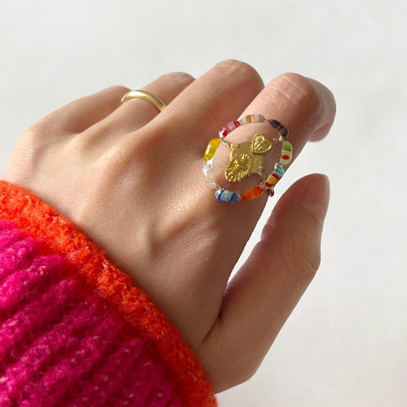 Handmade Millefiori Glass, Oval Resin Chunky Ring, Unique Colorful Murano Glass Jewelry, Adjustable image 7