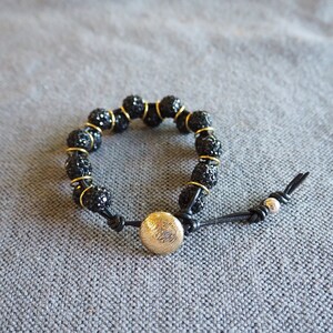 Black Leather and Pave Crystal Rhinestone Beaded Handmade Bracelet