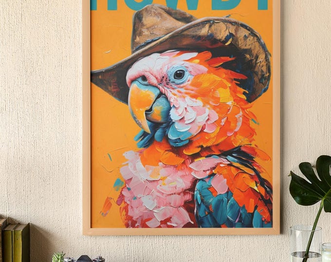 Vintage Western Style Parrot Print, Howdy Cowboy Art, Country Lovers Home Decor, Cowboy Gift Idea.