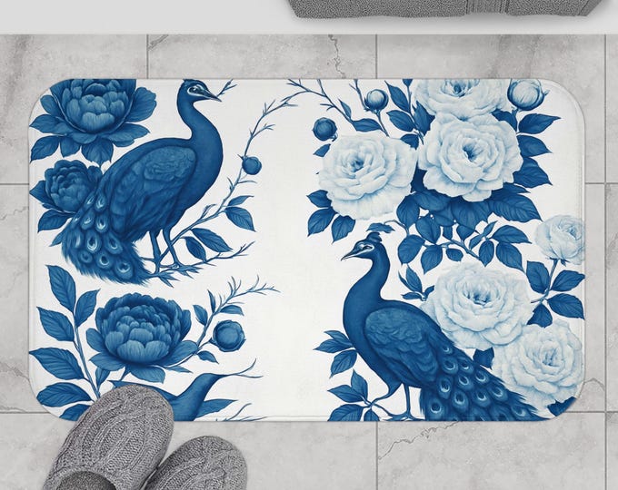Elegant Blue Peony Bath Mat - Luxe Bathroom Decor, Floral Design, Home Spa, Shower Rug,Blue  Aesthetic chinoiserie Peacock designs