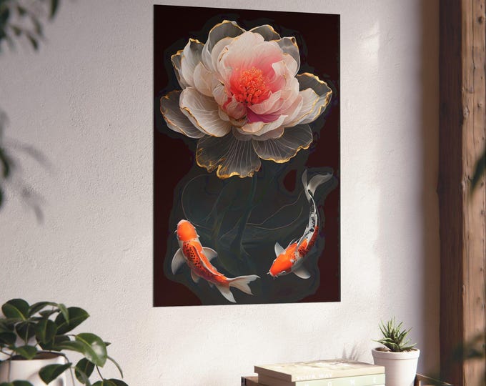Elegant Floral & Koi Fish Art Print - Matte Vertical Poster, Home Décor, Nature Lovers Gift, Zen Decor, Asian Art, Wall Art