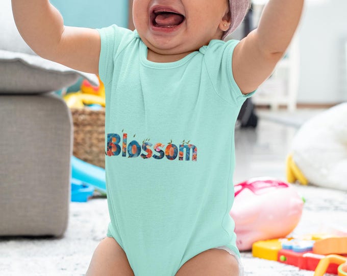 Stanley/Stella Baby Bodysuit Vibrant Embroidered Name  Blossom  Surrounded By Floral Petals