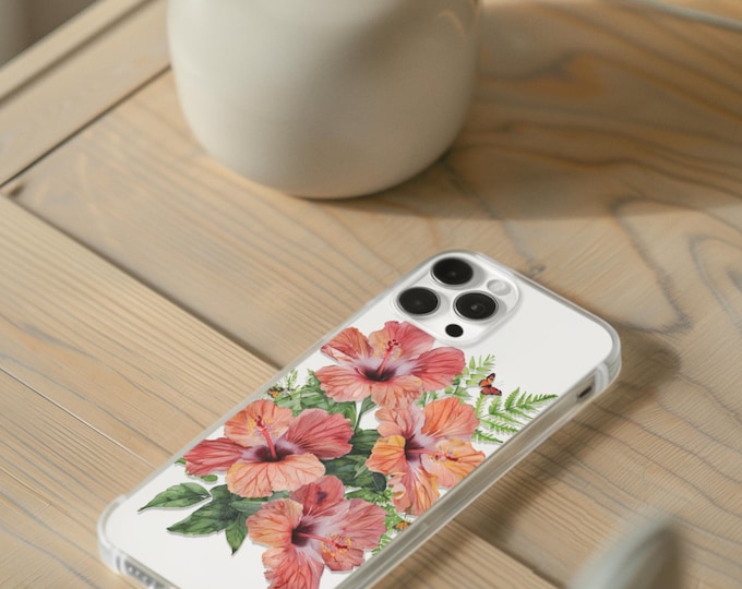 Floral Phone Case, Elegant Hibiscus Design, Nature Lover Gift, Floral Protective Cover, Summer Vibes, Clear Cases for Her