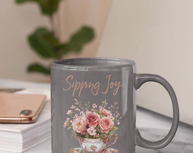 Vintage Floral Ceramic Mug | Sipping Joy | Coffee Lovers Gift | Tea Time Decor | Mother's Day Gift, Home Office Mug, Floral Coffee Cup,
