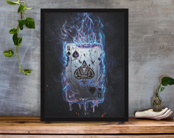 Digital Queen of Spades With Flames, Dramatic Art Print, Card Illustration, Wall Art, Decor