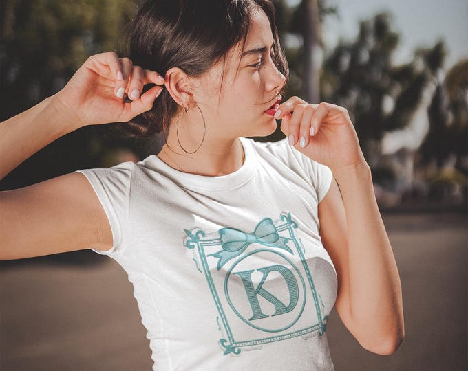 Bella + Canvas Women’s micro rib baby t-shirt Teal Blue Ornate Frame With Monogram K And D embroidered